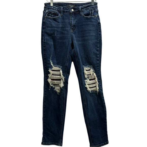 Judy Blue Buffalo Plaid Patch Mid Rise Cuffed Boyfriend Jeans Dark Blue 5/27 - Picture 3 of 15